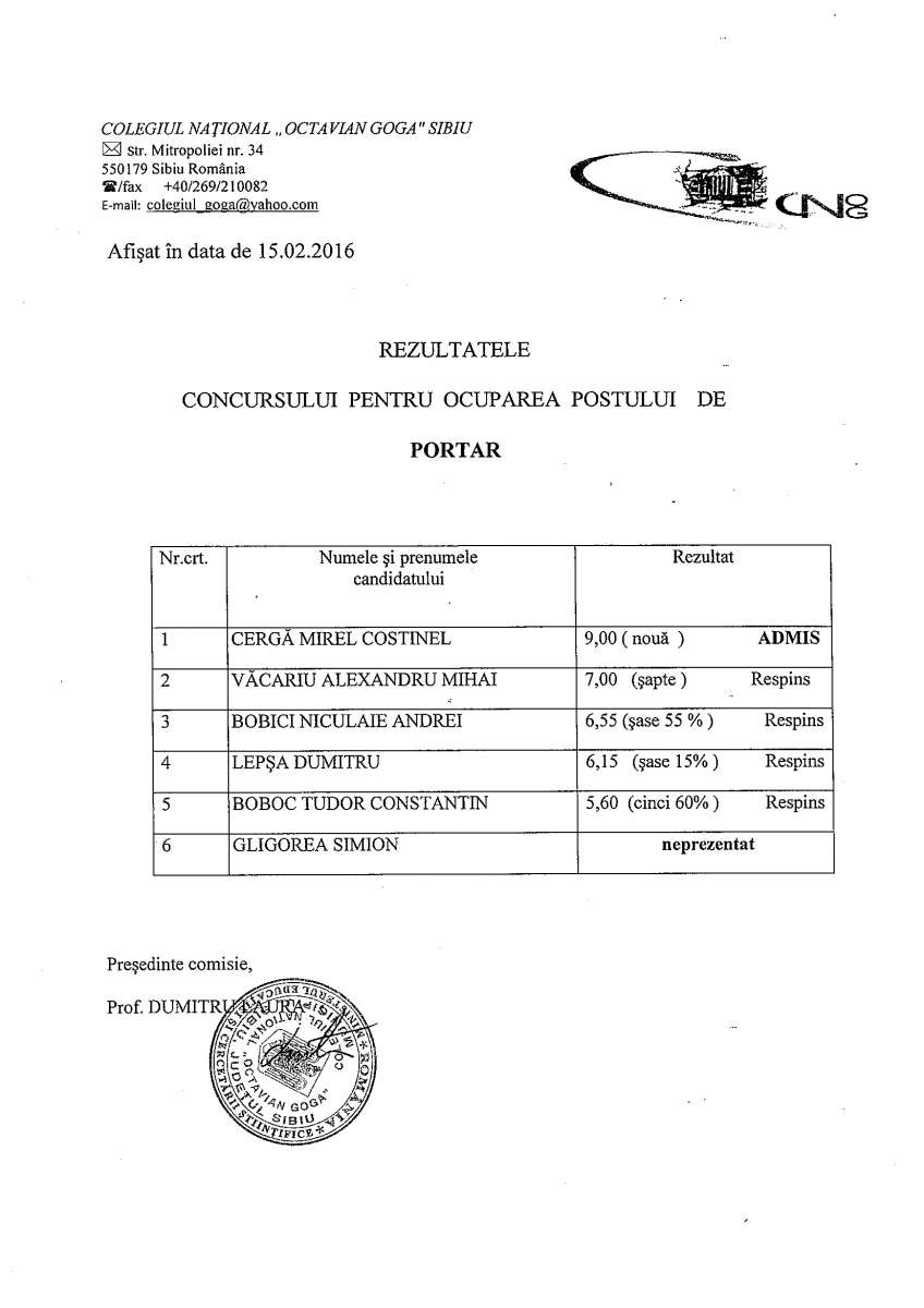 Rezultate concurs portar